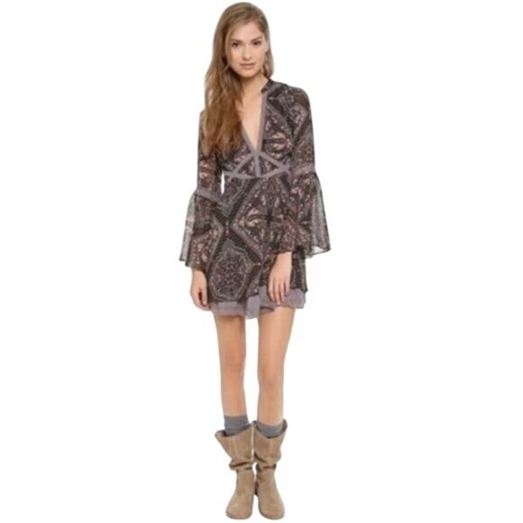 Free People Bell Sleeve Empire Waist Paisley Print Mini Dress - Picture 7 of 11